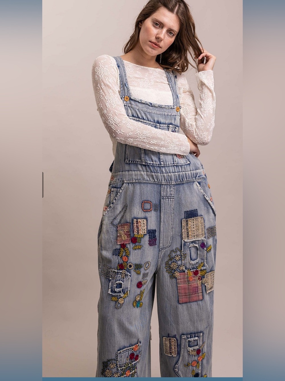 Wash Denim Patchwork Women's Wide-Leg Jeans Overalls - Picture 6 of 13